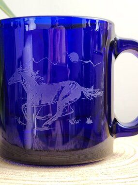 Hand Etched Running Stallion Cobalt Blue Glass Coffee Mug Made in USA